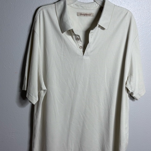 Tommy Bahama Men Stripe Beige Tan Yellow Polo Shirt size XL - Picture 2 of 8